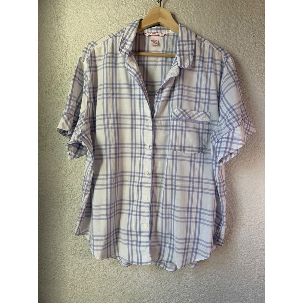 VICTORIAS SECRET Plaid Pajama Shirt Top Short Sleeve Button Front Lounge L G